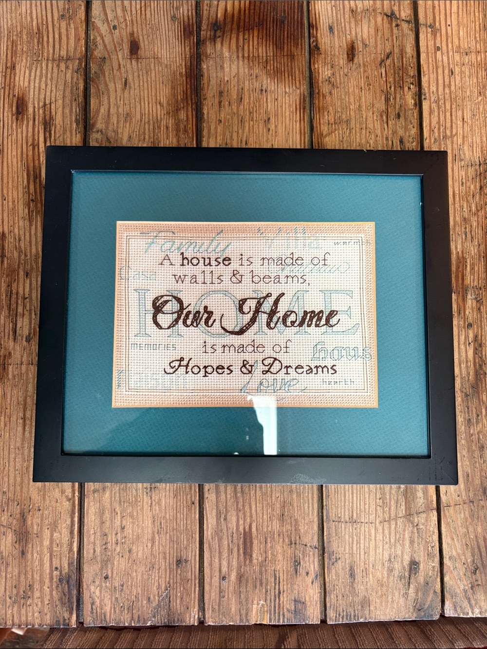 Framed 'Our Home' Inspirational Wall Art Cross Stitch Teal & Brown